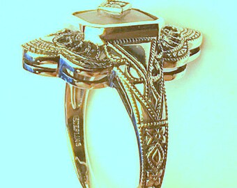 Sz 7, Vintage Camphor Glass, Diamond Ring, Sterling Silver Filigree Ring, Victorian Style, Edwardian Design Ring, Art Deco Era