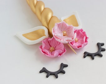 Glamorous Gold Fondant Unicorn Cake Topper, Unicorn Cake Decorations. Edible Unicorn Cake Topper. Ears and Eyelashes Cake Topper