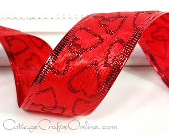 Valentine Wired Ribbon, 1 1/2", Red Glitter Hearts on Satin - THREE YARDS - Offray "Myrna" Valentine's Day Craft Wire Edged Ribbon