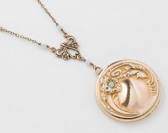 Antique Locket Necklace, Victorian Locket in Gold Filled with Genuine Blue Chalcedony and Opal, Repousse Flower & Leaf, Vintage Photo Locket