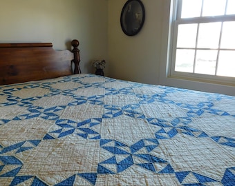 Antique Primitive Blue and White Quilt, Hand Quilted, Farmhouse Antiques