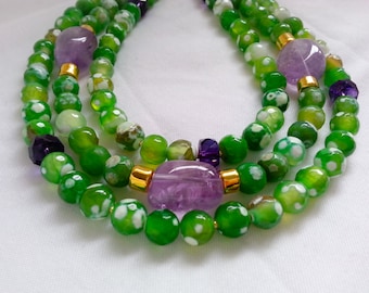 25% Off Sale Green Agate Amethyst Multi Strand Torsade Statement Necklace