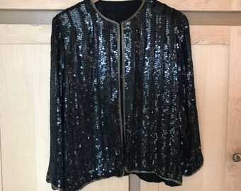 Black Sequin Jacket- Beaded Jacket- Sequined Clothing- Sequin Clothing- Glam Rock- Vintage Sequins- Sequin Coat- XS SMALL Medium