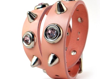 Pastel Pink Leather Dog Collar with Giant Rhinestones and Gentle Spikes, Size M/L, to fit a 15-18in Neck, Eco Friendly, Tough Girl Dog, OOAK