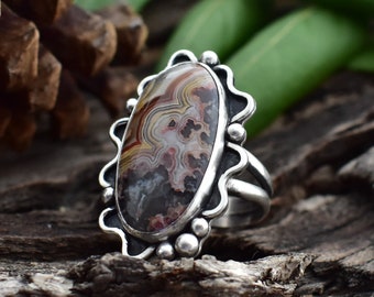 Size 10 Crazy Lace Agate and Sterling Silver Ring, Bold and Liquid Silver Statement Ring