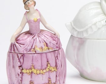 Antique Vanity Box -German porcelain trinket box, Powder Jar, hand painted figurine in pink ballgown will look great on your dressing table