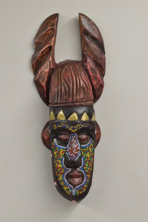 African Mask Ashanti Horned Wood Brass Yellow Red Beaded Mask