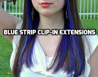 100% Human Hair Bright Blue Strip Clip-in extension streaks 1pc
