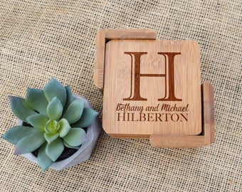 Personalized Coasters, Custom Coasters, Set of 6 w/ Holder, Engraved Wooden Coasters, Wedding, Gift, Present, Housewarming, Closing, Shower