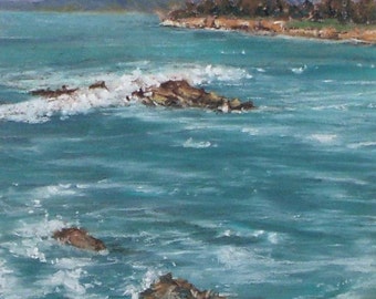 Calm Sea - small original pastel painting california seascape ocean waves shell beach