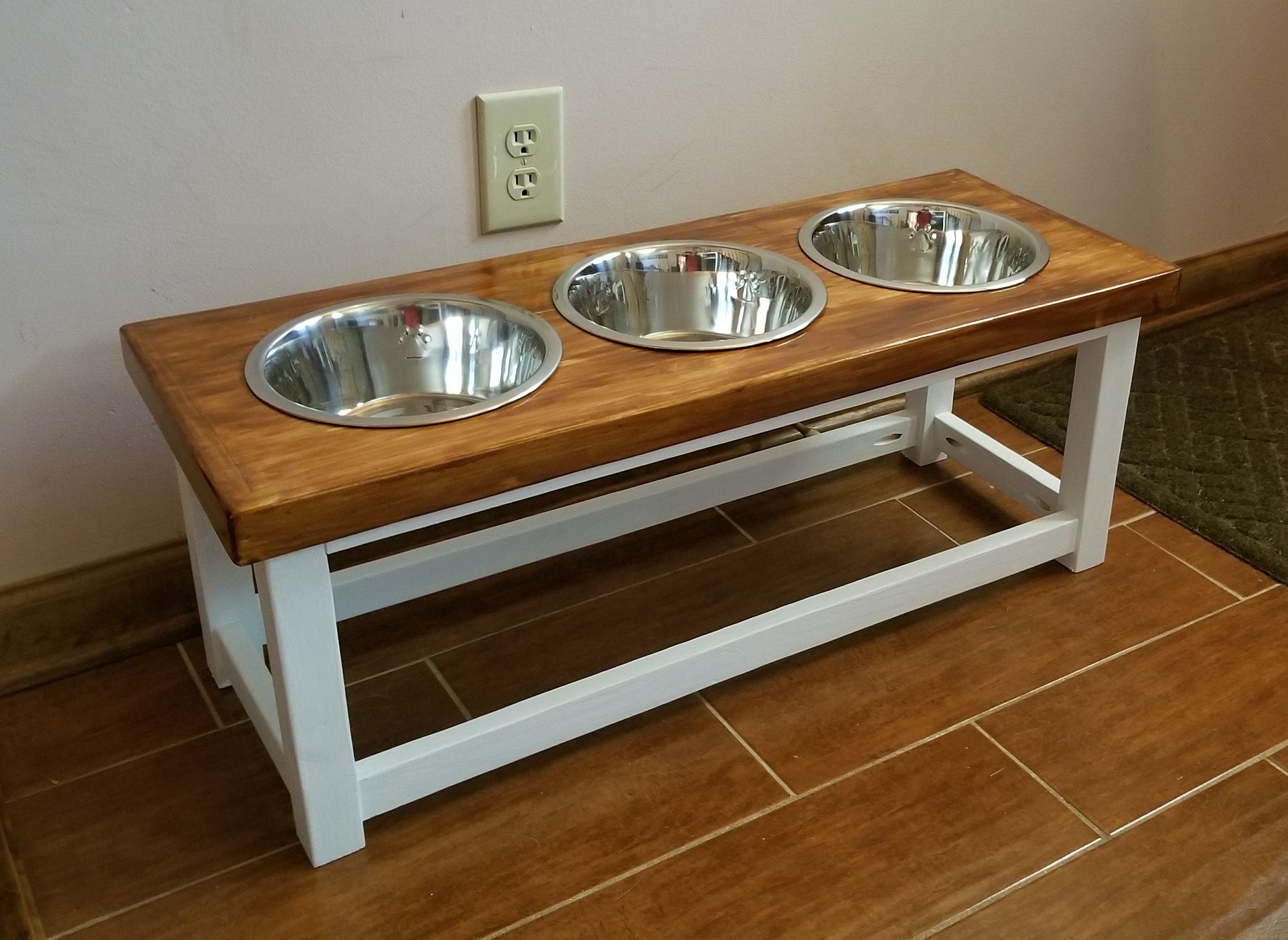 Farmhouse style elevated dog feeder with 3 bowls. Large size