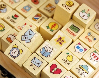Korean Cat Stamp Set - Diary Stamps - Wooden Stamps - 40 pcs