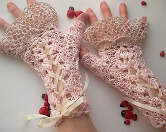 Crocheted Cotton Gloves L Ready To Ship Victorian Fingerless Summer Women Wedding Bridal Lace Evening Hand Knitted Party Pink Corset B73