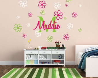 Personalized Name Decal With Flowers Nursery Decor - Kids Room Teen Name Vinyl Wall Decal