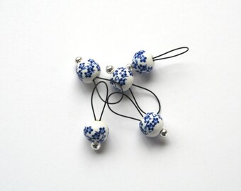 Bead Stitch Markers - snag free - blue flowers on ceramic 8mm round - set of 5