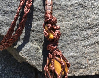 Brown Tigers Eye And Bronze Macrame Necklace