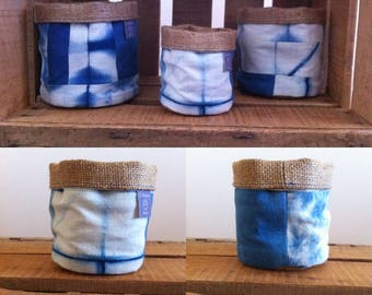 Storage pot fabric indigo blue color 8 x 8 cm 3 patchwork pattern