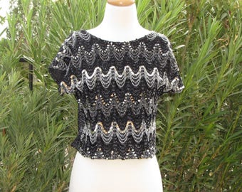 Vintage 1960s – 70s Rhonda Lee Sequin Black Knit Pullover Top, Scoop Neck, Short Cap Sleeves, Size M, Made in the U.S.A.