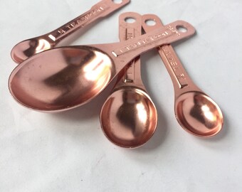 Copper Measuring Spoons, Vintage Measuring spoon set with Holder, Retro Baking Utensils, Kitchen Tools