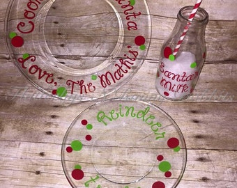 Santa and reindeer cookie plate and milk glass Christmas cookies santas cookie set reindeer night before christmas