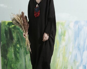 black maxi dress, maxi linen dress, long linen dress, oversize dress, plus size dress, long sleeve dress, winter spring dress, shirt dress