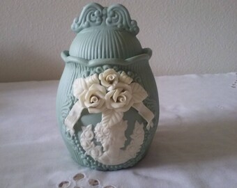 Jasperware-like lidded green bisque jar