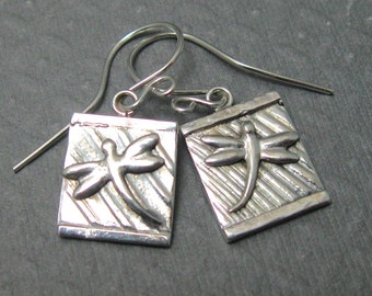 Dragonfly textured pendant earrings in sterling silver, artisan dragonfly earrings