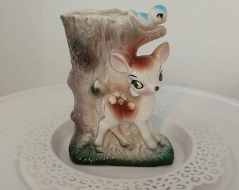 Beautiful vintage kitsch rare tree trunk vase with bambi deer ornament with cute bluebird