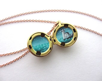 Tiny Lighthouse Oil Painting, Brass Locket with Secret Ocean Twilight Seascape