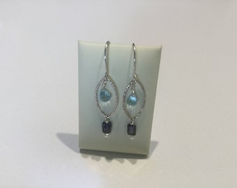 Blue Topaz, Iolite, Freshwater Pearls and Sterling Silver Earrings