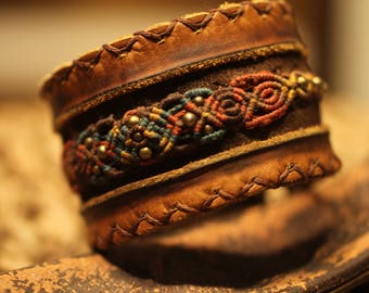 Handmade leather and macrame bracelet with brass beads in a unique design