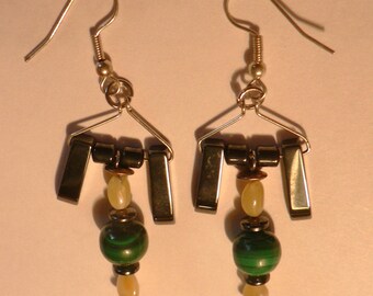 Earrings 1 malachite and hematite, amber earrings