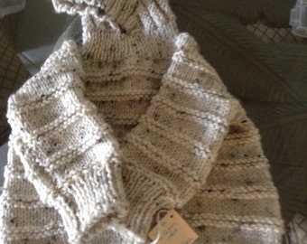Hand knit hooded baby sweater zips up the back-so cute & practical Size newborn-6 months the color is Aran Fleck