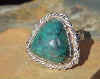 Native American ~ Sterling Silver and Green Turquoise Ring - Size 6.25