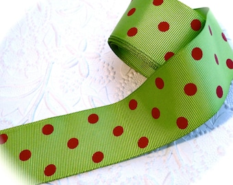 Lime Green & Red Polka Dot Grosgrain Ribbon Sewing Supplies T-133