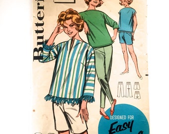 60s Butterick 9737 Sportswear Walking Bermuda Shorts, Slim Pants, OverBlouse with Bateau Neck, Long Sleeves or Sleeveless Size 11 Bust 31