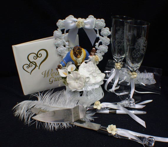 Disney Beauty  and the Beast  Wedding  Cake  Topper lot Glasses