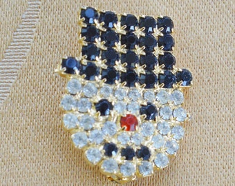 Pretty Vintage Rhinestone Snowman Brooch, PIn, Black, Red, Clear (AH4)