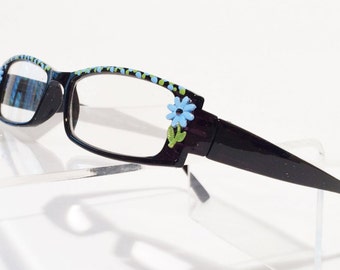 Blue Daisy Reading Glasses, +2.25 Glasses, Hand Painted