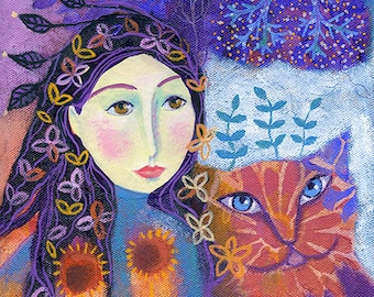 Peachy, original mixed media painting on box canvas, 6 x 6ins. wall art, folk art, girl and cat
