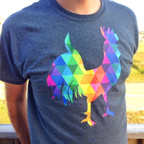 Soft T-shirt with a Colorful Geometric Rooster for a Man or Woman Who Love Roosters and Rainbows