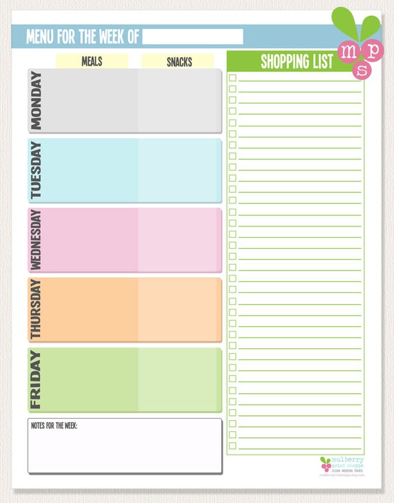 template excel blank worksheet DOWNLOAD Planner for Meal Perfect INSTANT Weekday Template