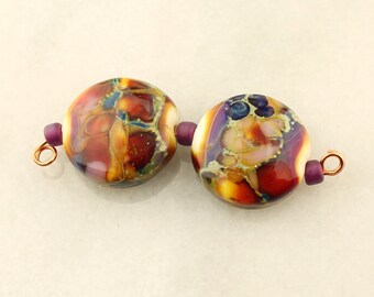 Lampwork Glass Bead Set Earring Pair, Autumn Fire Lentil