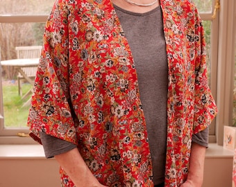 Handmade Women's Kimono Jacket - Red/White/Green Floral Print