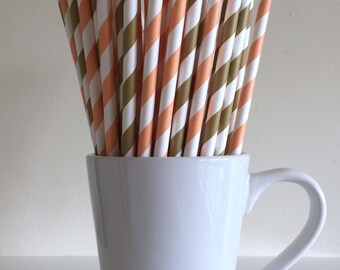 Peach and Gold Paper Straws Coral and Gold Striped Party Supplies Party Decor Bar Cart Cake Pop Sticks Mason Jar Straws Graduation