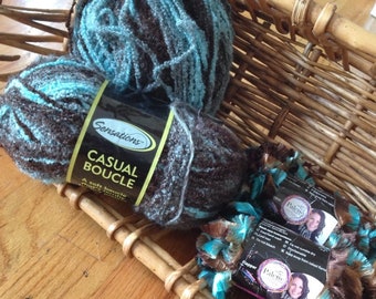 Destash - NEW Sensations Casual Boucle yarn in turquoise and brown, with bonus skeins for trim
