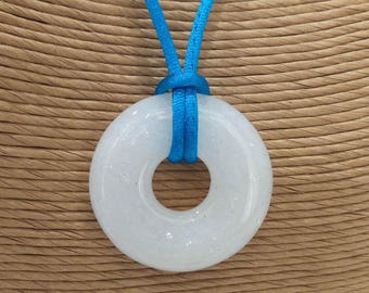 White Dichroic Glass Necklace, Fused Glass Jewelry, Simple White Jewelry, Custom Satin Cord, Fused Glass Pendant - Winter Fun - -6