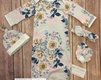 Baby gown, knot hat, and no scratch mittens, newborn set, girl baby, pale gray floral