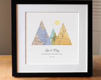 UNFRAMED Adventure Together Gift for Couple, 3 Custom Map Mountain Print, Personalized Map Art, 3 Maps, Wedding Gift Art