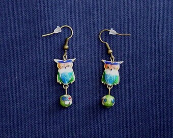 Green cloisonne beads and OWL earrings